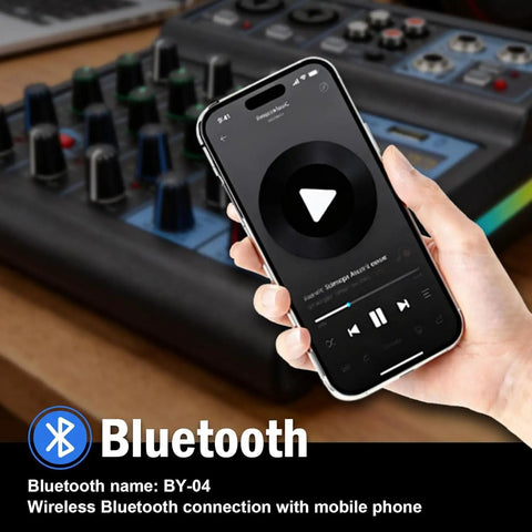 Person connecting phone to 4 Channel Mixer With Bluetooth USB Recording And 48V Phantom Power For Studio And Live Sound.