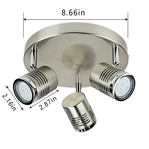 Industrial Dope 3 Light Track Lighting Fixture With GU10 Bulbs Included, adjustable ceiling spotlight dimensions shown.
