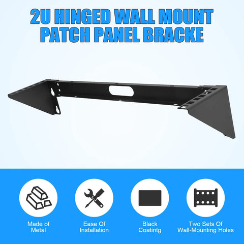 Straight Up Heavy Duty 2U Hinged Wall Mount Patch Panel Bracket Vertical Rack For 19 Inch Server Racks And Network Switches, black metal design.