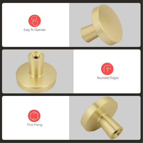 Gold Round Cabinet Knobs Set Of 30 Brushed Brass Zinc Alloy Hardware For Kitchen Dresser Drawer Cupboard With 1 Inch And 1.57 Inch Screws Heavy Duty Metal Pulls