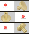 Gold Cabinet Knobs Set 10 Pack Round Brushed Brass Zinc Alloy Hardware For Dresser Drawer Cupboard Desk And Kitchen Heavy Duty Rust Resistant Easy Install With 1 Inch And 1.77 Inch Screws Included showing angled view, round edges.