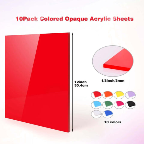 Front view of 10-pack red acrylic sheets, 12 x 12 in, 3 mm thick, with protective paper for laser cutting/engraving.