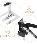 Two Piece Hand Lifting Jack Kit For Furniture Placement And Tile Leveling Features Clearly Marked Dials, metal components, portable design.