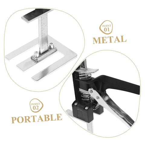 Two Piece Hand Lifting Jack Kit For Furniture Placement And Tile Leveling Features Clearly Marked Dials, metal components, portable design.