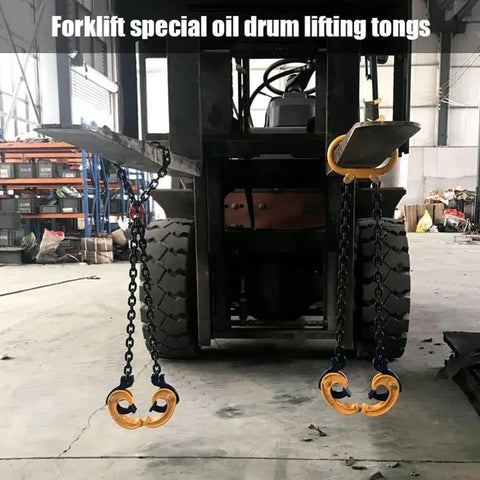 Heavy Duty Chain Drum Lifter With Rock Solid Grab Hooks For Forklifts and Self Locking 2 Ton Sling for moving 55 gal drums.