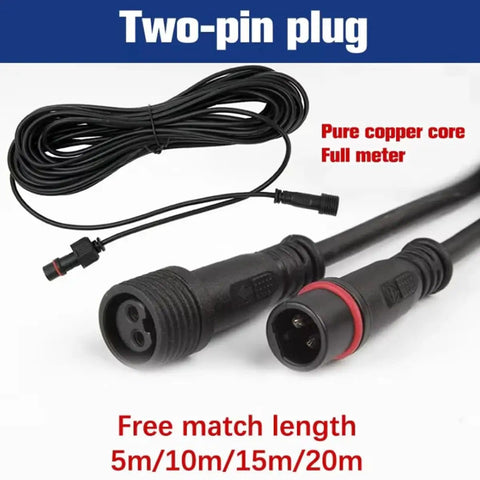2 Pin Outdoor Solar String Lights Extension Cable shown with two-pin plug connectors and pure copper core, 16 ft long.
