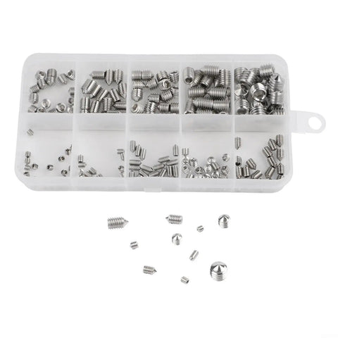 304 Stainless Steel Hex Socket Grub Screws DIN 914 Cone Point For M3 M5 M6 M8 Set Screws Fastening Kit in open organizer box