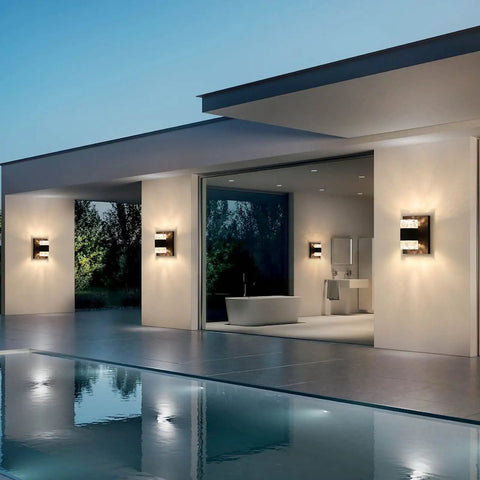 Slick Black Outdoor LED Wall Light Cylinder Sconce With Dual Up Down Lighting 120V 10W Warm Dimmable Waterproof on modern patio wall