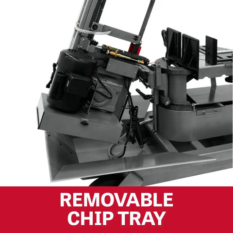10 Inch Portable Dual Mitering Bandsaw With Coolant System, Hydraulic Downfeed, Automatic Shutoff, Self Propelled Blade Brush, Protractor Angle Cutting, 115/230V One Phase, Heavy Duty Metalworking Workhorse