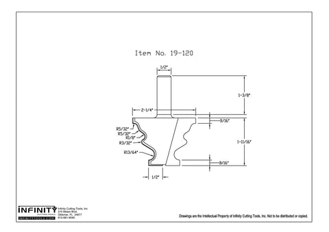 Technical drawing of Beefy 1/2 Inch Shank Colonial Baseboard End Cap Router Bit With 2-1/4 Inch Cutting Diameter And 1-11/16 Inch Cutting Height Carbide Tip Heavy Duty For Handheld Or Table Mounted Wood Routers.