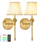 Rechargeable Battery Powered Wall Sconces Set Of Two With Dimmable Led Lights And Wireless Remote Usb C Charging Port For Living Rooms, golden finish, fabric shades.