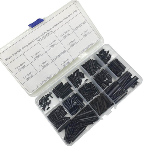 360 Piece Steel Split Spring Dowel And Roll Pin Assortment Kit For Metalworking M1.5 Through M6 Sizes with labeled compartments