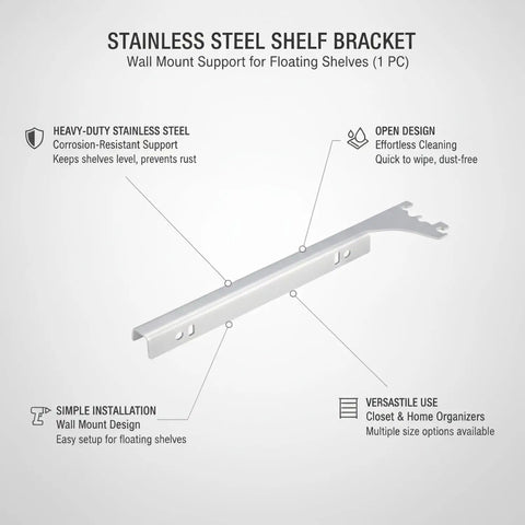 Sturdy Stainless Steel Shelf Bracket For Vertical Track Systems Ideal For Closet And Pantry Storage, silver bracket with design features