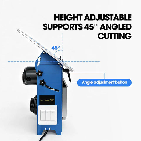 Table Saw For Woodworkers With Adjustable Vertical Blade Rugged Copper Motor And Rock Solid Aluminum Build Engineered For Sweet Cuts And Badass Shop Tweaks On Any Real Deal Bench Setup showing height adjustable feature for 45° angled cuts.