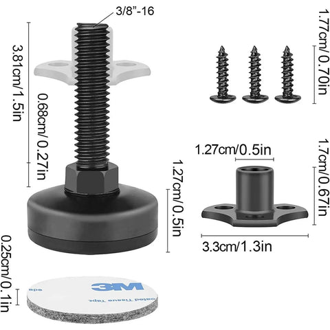 Diagram of 4 Pack Adjustable Leveling Feet For Cabinets And Tables With T Nut Kit Beefy Heavy Duty Furniture Levelers with dimensions