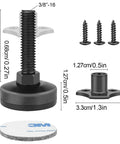 4 Pack Adjustable Leveling Feet For Cabinets And Tables, Three Eighths Inch 16 Thread, Heavy Duty Metal, with measurement details.
