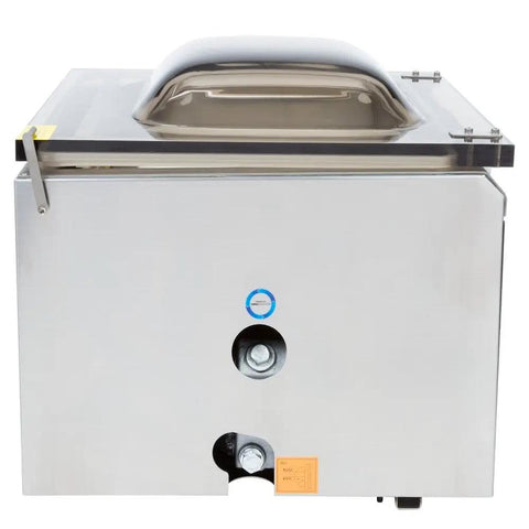 Front view of Rock Solid Pro Chamber Vacuum Sealer For Food Prep Pros Heavy Duty Tabletop Packing Machine With Straight Up 16 Inch Heat Seal Bar In Clean White Finish.