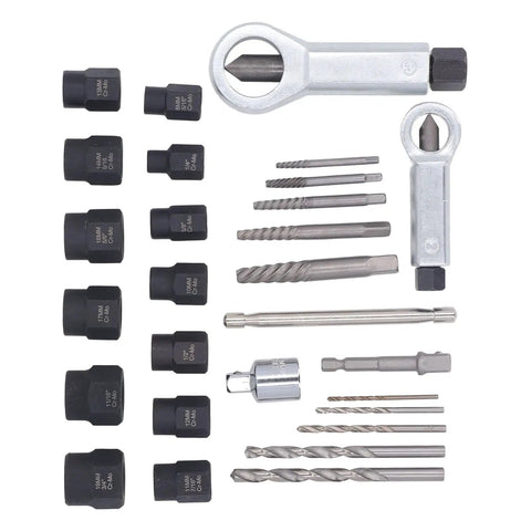 FTVOGUE 28Pc Cr Molybdenum Screw Extractor Kit With Hammer Drill Bits Removes Broken Bolts And Rusty Nuts Fast For Home Garage Auto Repair Pros set on white