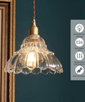 Clear Striped Glass Pendant Light Antique Brass Adjustable Mini Chandelier for Kitchen Island with glass shade and 60W bulb