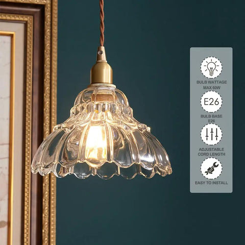 Clear Striped Glass Pendant Light Antique Brass Adjustable Mini Chandelier for Kitchen Island with glass shade and 60W bulb