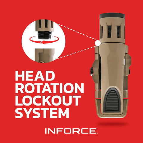 400 Lumen Gen 2 Weapon Light with head rotation lockout system shown on red background, Flat Dark Earth finish