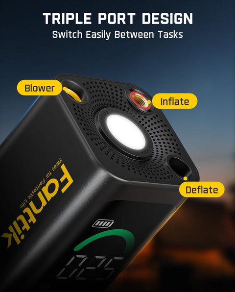 Close-up of 2 In 1 Cordless Tire Inflator And Air Blower Portable Air Compressor With Light showing blower, inflate, deflate ports.