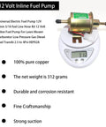 12V Inline Fuel Pump Kit For Lawn Mower Carburetor With 8mm Hose And Five Sixteenth Inch Fittings, Low Pressure 2.5 To 4 PSI, Copper Body