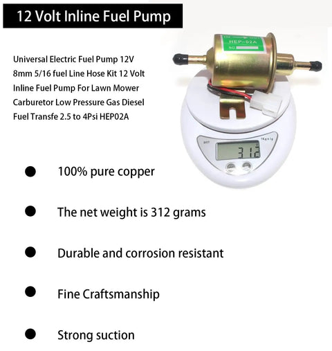 12V Inline Fuel Pump Kit For Lawn Mower Carburetor With 8mm Hose And Five Sixteenth Inch Fittings, Low Pressure 2.5 To 4 PSI, Copper Body