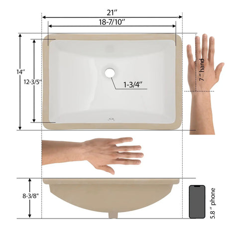 Diagram of Undermount 21x14 Inch White Ceramic Bathroom Sink, Rectangular Vanity Lavatory Basin with dimensions and size comparison.