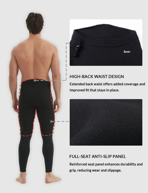 3mm Neoprene Wetsuit Pants For Men Warm Flat Stitch Swim Pants For Surfing Kayaking Snorkeling Diving Canoeing Paddle Boarding And Other Water Sports Comfortable Fit Full Range Of Motion Snug Thermal Protection Keeps You Toasty, showing back view with high-back waist design and full-seat anti-slip panel.