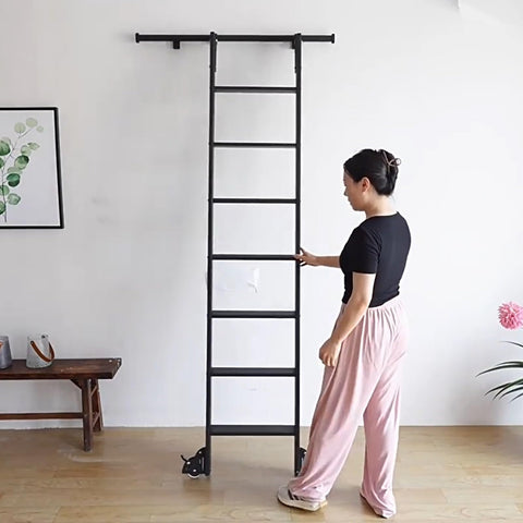 Person using Rolling Ladder Hardware Kit With Metal Track System And Floor Rollers Black Finish No Ladder Included