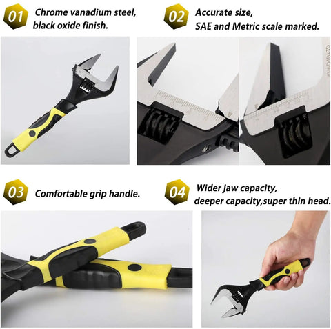 10 Inch Adjustable Wrench With Ultra Thin Jaw And Wide Opening Up To 50mm, Black Oxide Finish, Drop Forged Cr-V, SAE And Metric Scale