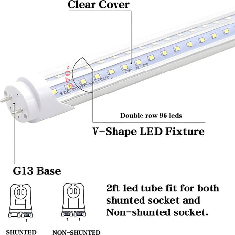 2 Foot Led Tube Lights V Shaped 6000K Cool White Ballast Bypass Direct Wire Shop Light showcasing G13 base with clear cover.