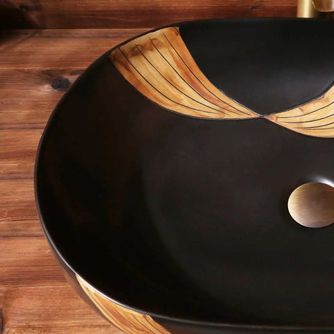 SDVantage Ceramic Bathroom Vessel Sink, Artistic Carved Countertop Basin Sink Black 59 * 40 * 15Cm with artistic pattern design