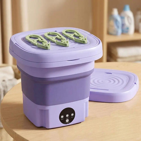 No Hustle Foldable Washing Machine With Three Deep Clean Settings And Super Chill Spin Dry For Socks Clothes Towels And Delicates Portable Half Automatic Mini Washer on a table.