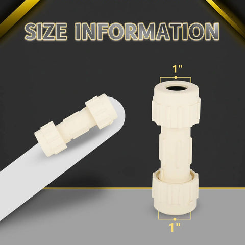 100 Pack 1 Inch Cpvccompression coupling with builtin rubber gas ket drip free pipe connector shown with size details.