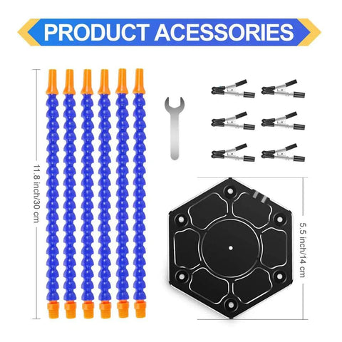 Six Arm Soldering Station With Flexible Gooseneck Arms And Aluminum Base components including arms, base, clamps, and wrench