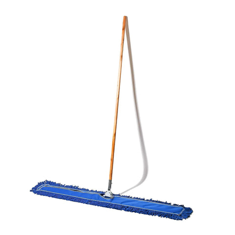 No Sweat Heavy Duty Commercial Floor Sweeper With A Slick Forty Eight Inch Reusable Washable Dust Mop Head And Sturdy Wooden Handle for quick cleaning.