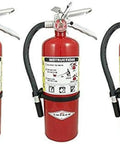 Lot Of 3 ABC Fire Extinguishers With Wall Mount Brackets UL 2A 10B C Rated emergency gear in red with instruction labels.