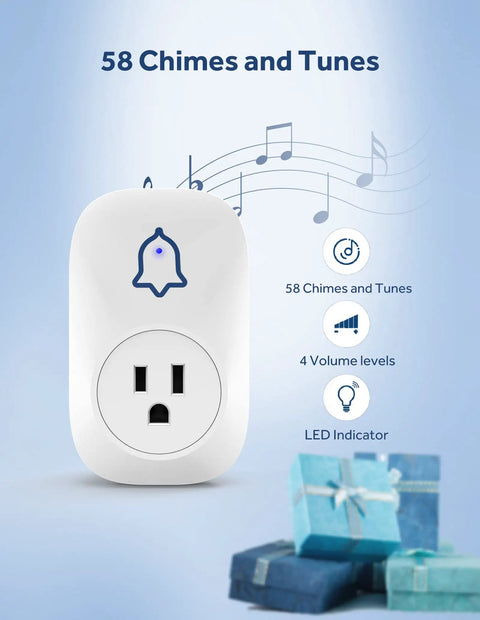 Self Powered Wireless Doorbell No Battery Needed Easy Plug In Cordless Chime with 58 melodies and LED indicator light.