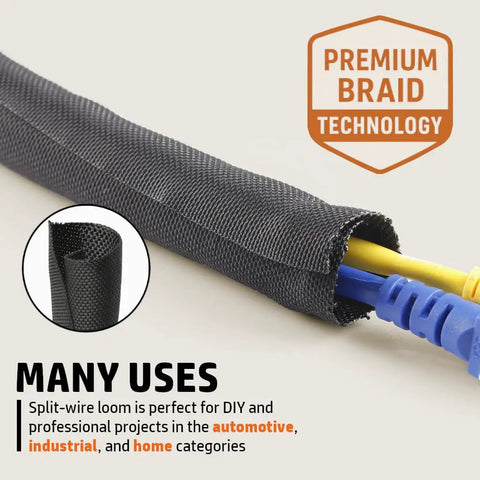 Split Sleeve Wire Loom For High Temp Automotive Harness And Home Cables, 25 Feet Long, Woven Mesh, with wires inside