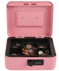 Open Steel Cash Box Safe With Combination Lock Pink Money Safe Box With Removable Coin Tray Medium Size 7.87 By 6.30 By 3.54 Inches