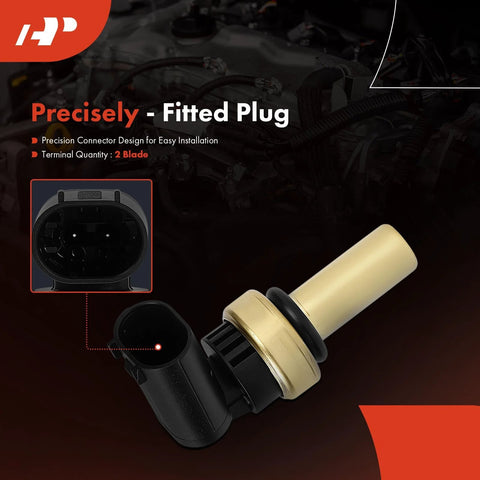 Side view of A-Premium engine coolant temperature sensor with brass body and two-pin plug.