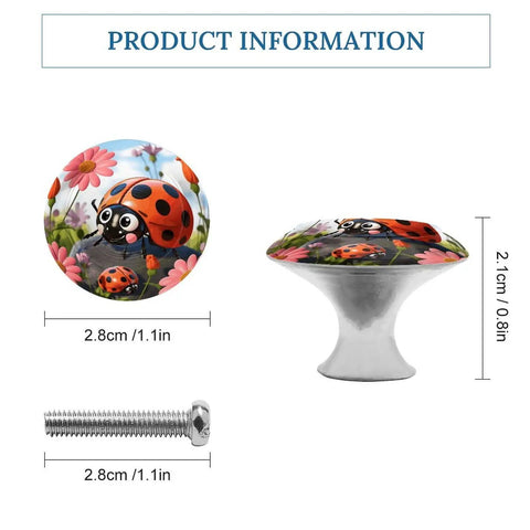 Heavy Duty Round Cabinet Knobs With Ladybug Flower Design In Top Shelf Stainless Steel, 1.1 inch size, with security screw.