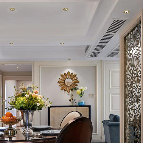 Spacious dining room featuring 8 Pack Brass Recessed Ceiling Downlights 4 Inch 5 Inch Eyeball Spotlights 12W Up To 18W Warm White 3000K Led Flush Mount.