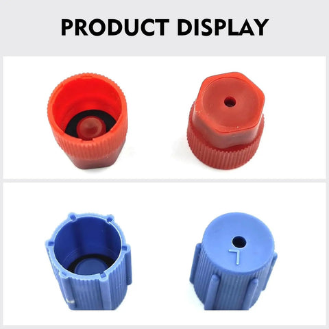 Must Have AC Service Port Caps 10 Pack For R134a Auto Air Conditioning System Maintenance with visible red and blue ABS plastic caps