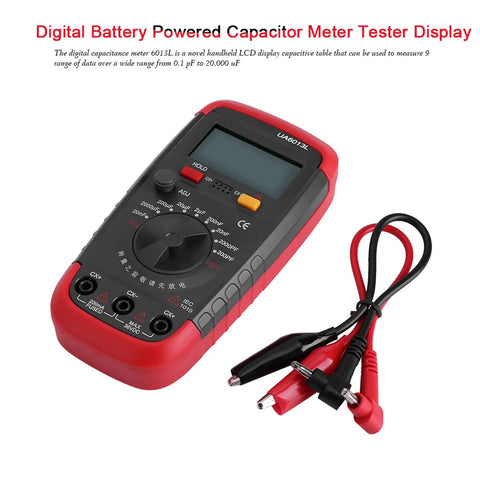 Pro Digital Capacitance Meter And Multimeter Capacitance Tester Handheld 0.1 pF To 20 000 uF With Nine Range Battery Powered And 6013L LCD Display For DIY Electronics Gear showing front view with accessory cables