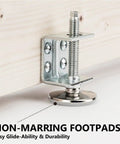 Heavy Duty U Shaped Bracket Leg Levelers Set With Non Marring Feet Adjustable Furniture Levelers For Workbenches Cabinets And Desks Swivel And Pivot Design 4 Pack installed on wood surface showing non-marring footpad
