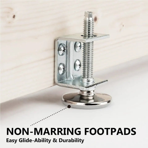 Heavy Duty U Shaped Bracket Leg Levelers Set With Non Marring Feet Adjustable Furniture Levelers For Workbenches Cabinets And Desks Swivel And Pivot Design 4 Pack installed on wood surface showing non-marring footpad