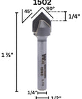 V Groove Router Bit, 90 Degree Included Angle, 1/2 In Cutting Diameter, 1/4 In Point Length visible with dimensions marked.